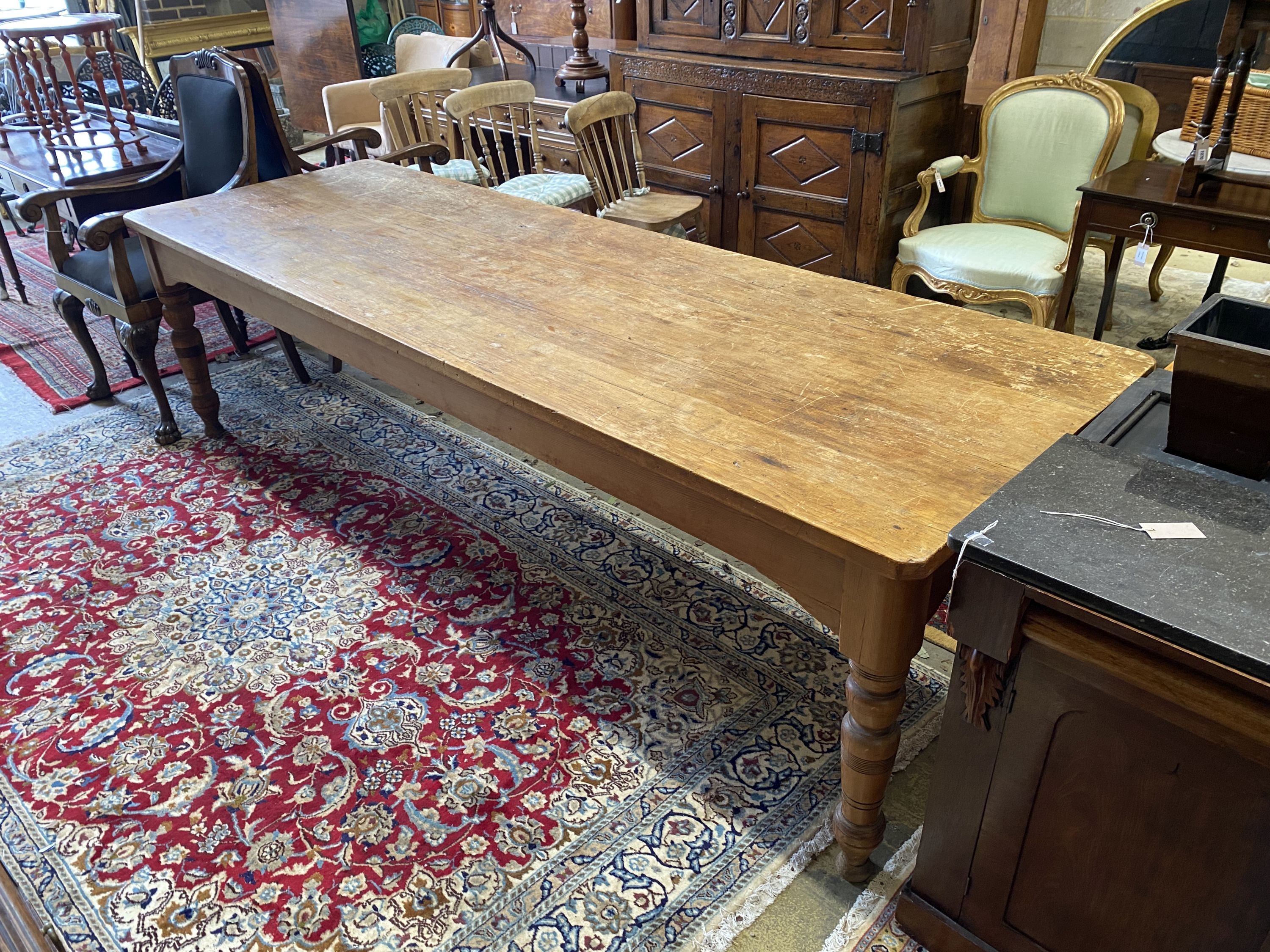 A Victorian pine kitchen table, length 272cm, depth 88cm, height 76cm